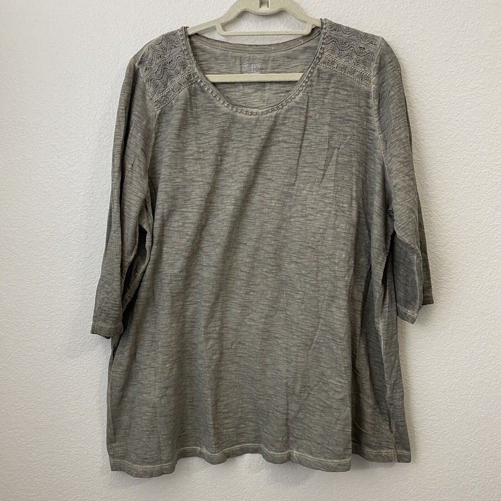 Catherine's Womens Shirt Size 1x 18/20W Green Cotton 3/4 Sleeve FLAW